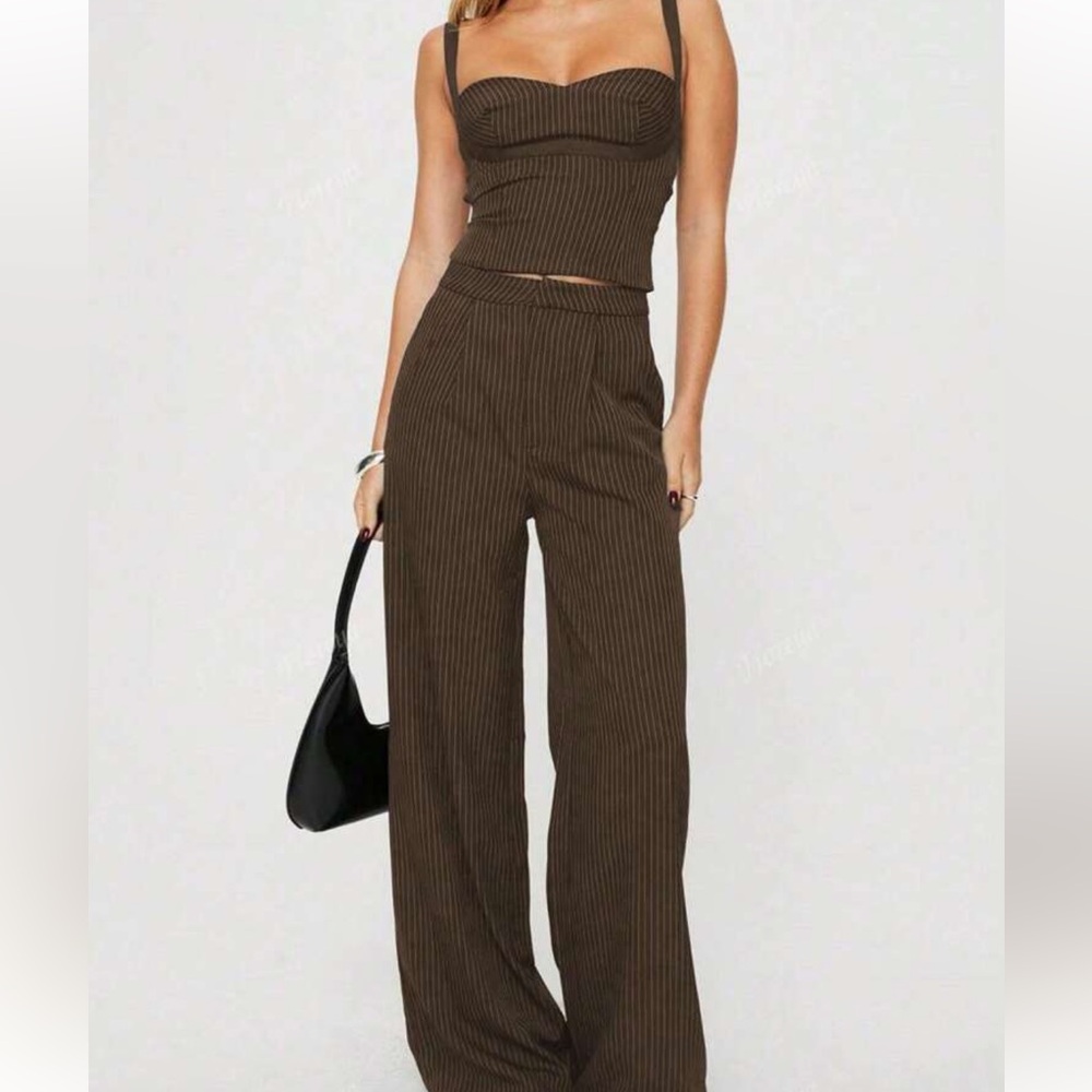 Brown Pinstripe Business Casual Suit Set - cami and trousers